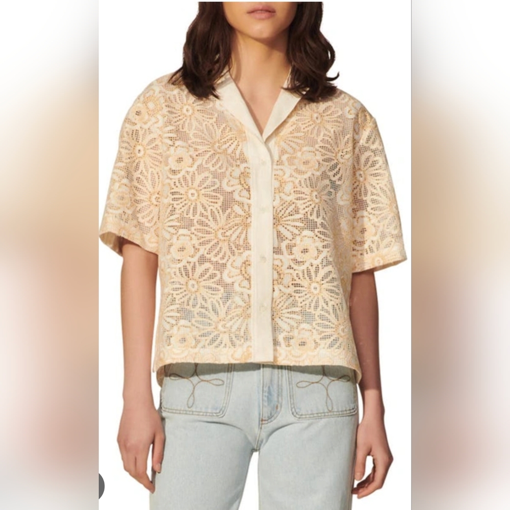 Sandro Paris Amarine Floral Mesh Shirt in Ecru Yellow